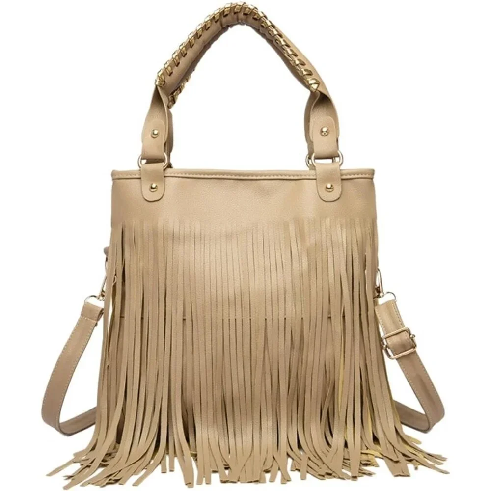 Handbag Faux Leather Shoulder Crossbody Purse with Rivets and Fringes